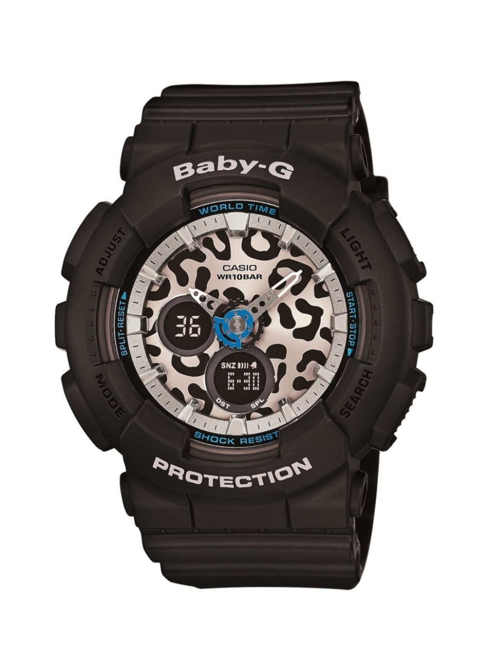 Casio Baby-G Black Watch with Cream Leopard Dial and Blue Accents